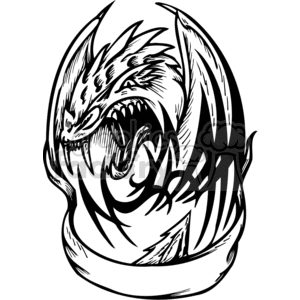 This clipart image depicts a stylized black and white dragon head with ferocious and intricate details, encapsulated within a scroll or banner that wraps around the lower part of the graphic. The design is bold and dynamic, suitable for vinyl cutting or digital printing for various applications such as decals, t-shirts, or posters.