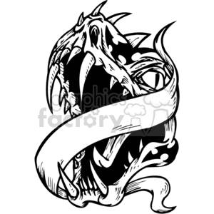 The clipart image depicts a stylized dragon with its body and tail adorned with ornate details. The dragon is interwoven with a banner or scroll that curls around its form. The image is designed in a bold, black and white contrast, suitable for vinyl cutting or similar production methods for decals, t-shirt designs, or other graphic uses.