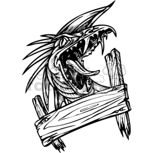 This clipart image features a fierce, stylized dragon with its body wrapped around a wooden banner or scroll. The dragon's wings are tucked behind its body and it has a menacing expression with its mouth open, revealing sharp teeth.