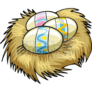 A clipart image of a nest containing three decorated Easter eggs with colorful patterns.