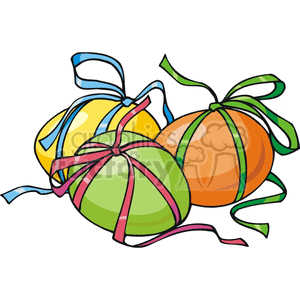 Colorful Easter eggs decorated with ribbons in green, yellow, and orange, symbolizing the celebration of Easter.