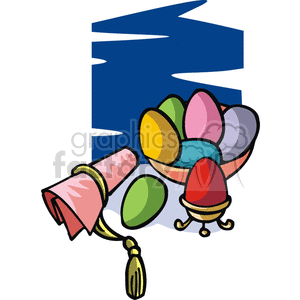 A decorative image featuring colorful Easter eggs in various colors, a pink paper scroll with a tassel, and a blue abstract background.