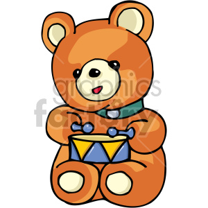 The clipart image shows a cartoon-style illustration of a brown bear playing the drum. The drum is yellow and blue. The bear has a green collar on, and a playful looking face 