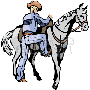 Clipart image of a cowboy in traditional attire mounting a horse, representing the wild west theme.