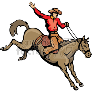 A clipart image of a cowboy riding a bucking bronco in rodeo style.