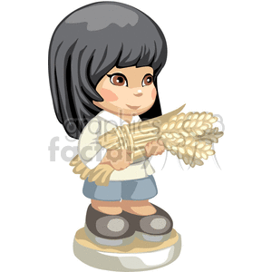 A little black haired girl holding wheat