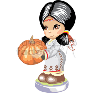 Native American girl holding a pumpkin for Thanksgiving