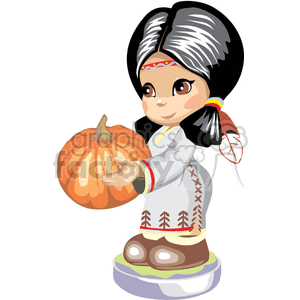   Native American girl holding a pumpkin for Thanksgiving 