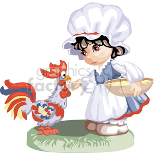   A peasant girl feeding a chicken 