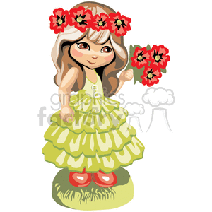 A Little Girl with a Lime Green Dress Holding and Wearing Red Tropical Flowers