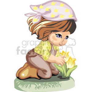A little girl planting tulips with her gardening clothes on