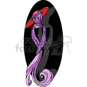 Clipart image featuring an abstract figure with a flowing purple design, accentuated by a large red hat. The background is a solid black oval, which enhances the contrast and artistic style of the figure.