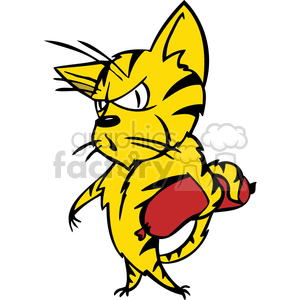 The clipart image features a stylized cartoon cat. It has a pronounced, animated facial expression that seems to be one of discontent or grumpiness. The cat is depicted with bold yellow and red colors, sporting a red patch on its back and tail, and it is standing upright on its hind legs with one paw raised slightly.