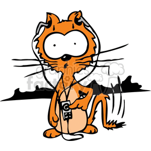 The clipart image depicts an orange cat standing upright on its hind legs, with exaggerated large eyes and whiskers. The cat appears to be enjoying music as it has a pair of earbuds and is holding a portable music player, which could represent an iPod, MP3 player, or similar device.