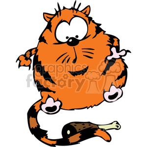 The clipart image depicts an exaggeratedly plump orange cat with black stripes that appears to be content and possibly full, as indicated by its closed eyes and smiling expression. The cat has its arms and tail reaching around a sizable chunk of food, which looks like a chicken leg. This funny depiction of a cat highlights its appetite and the joy of eating.