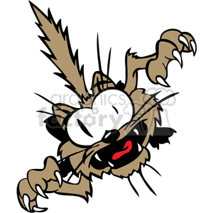 This clipart image features a cartoon cat that appears to be in a wild or crazy state. The cat is airborne with its claws extended, eyes wide open, and mouth open showing its tongue, conveying a sense of being scared or in a frenzy.