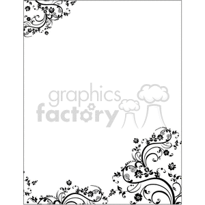 A black and white decorative clipart frame with intricate floral and swirl designs at the top left and bottom right corners, ideal for invitation or announcement backgrounds.