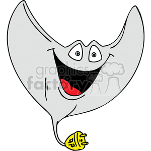 The image is a playful illustration of a happy stingray character. The stingray is smiling widely, showing a red tongue and has a pair of eyes that appear cheerful and excited. There's also a comical twist with a yellow power socket design located at the base of its tail. The image seems to be designed to convey fun and humor, and could be suitable for a variety of contexts, such as education, children's media, or ocean-themed content.