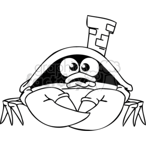 The clipart image depicts a humorous and stylized crab. The crab has large eyes with a grumpy or worried expression, and its body is shaped like a house with a chimney. Its claws are raised and look quite pronounced.