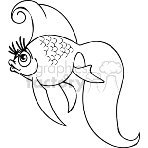 The image depicts a line art drawing of a cartoonish fish characterized by a whimsical and exaggerated design. The fish has a big, curly fin that resembles a fancy hairstyle, along with large, prominent eyelashes that give it a human-like expression of surprise or excitement. It also has scales that are clearly delineated for added detail and three fins that provide a sense of movement.