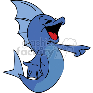 The clipart image depicts a cartoon fish that is colored blue, with a large dorsal fin and a pointed tail fin. The fish has its mouth wide open, appearing to laugh heartily, and its left fin is extended out as if pointing at something amusing. Its eyes are closed in mirth, emphasizing the jovial expression.
