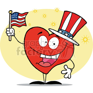 A cartoon heart character wearing a patriotic red, white, and blue hat, holding an American flag.