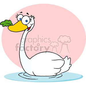 Cartoon image of a cheerful swan in water with a pink circle background, possibly representing 'Seven Swans a-Swimming' from 'The Twelve Days of Christmas'.