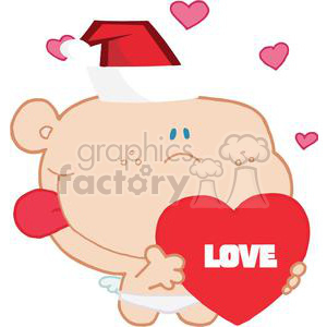 A cute cartoon character wearing a Santa hat, holding a red heart with the word 'LOVE' on it, surrounded by small pink hearts.