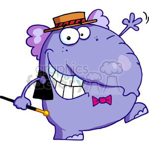 The clipart image shows a funny character of an elephant that is blue in color. This animated elephant is dressed in a festive manner, featuring a brown hat with a red band, a big white smile, a pink bow tie, and it is holding a black cane with a gold handle. The elephant's pose, with one hand in the air, suggests it is dancing or about to start dancing.
