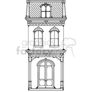 The clipart image you provided displays a black and white line art drawing of a Victorian-style house. The house features architectural details such as arched windows, a bay window on the top floor within a mansard roof, decorative trim, and an ornate entryway with a double door.