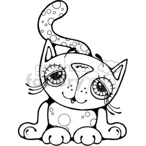 The clipart image features a cute, stylized kitten with large eyes and spots on its body. It sits with a playful and whimsical expression. The kitten's tail is curved overhead, decorated with circular patterns, which match the spots on its body.