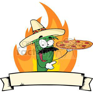 Clipart image of a cheerful green chili pepper with a mustache wearing a sombrero, holding a pizza in one hand while standing in front of a flame background. There is a blank banner at the bottom for text.