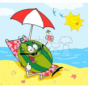 Cartoon Watermelon Holding A Glass With Juice On The Beach