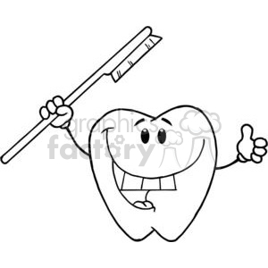   The image depicts a cartoon drawing of an anthropomorphic tooth holding a toothbrush. The tooth has a face with eyes, a mouth, and is smiling while giving a thumbs-up gesture. 