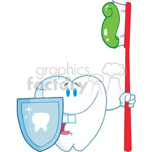   The image is a fun and colorful clipart featuring a caricature of a smiling tooth. The tooth has a face with wide eyes and is dressed in what appears to be a white collar or cape. It is playfully holding a red toothbrush like a weapon and a shield with a tooth logo, suggesting that it