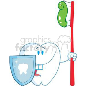 Happy Tooth Cartoon with Toothbrush and Shield - Dental Health Mascot