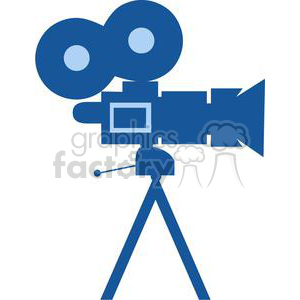 A blue clipart image of an old-fashioned film camera with a dual reel and mounted on a tripod.