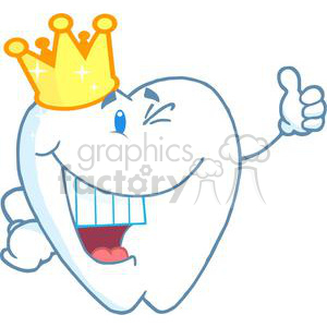   The clipart image depicts a stylized cartoon character of a smiling tooth giving a thumbs up. The tooth is wearing a golden crown with sparkles, indicating it might represent a king or queen of teeth (or a crown filling).  