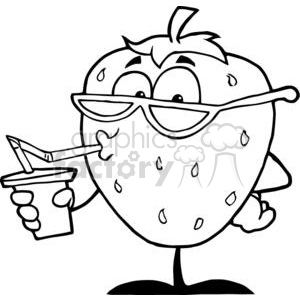The image features a cartoon character designed as an anthropomorphic strawberry. The strawberry character has a playful expression, wearing cool sunglasses, and is sipping a drink through a straw from a cup it's holding.