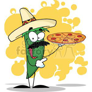 A cartoon chili pepper character wearing a sombrero and holding a pizza with a smiling face. The background features yellow abstract shapes.