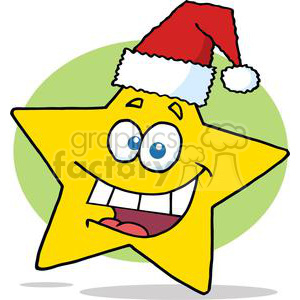 A cartoon star with a smiling face wearing a Santa hat, featuring a cheerful expression.