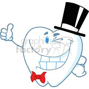   The clipart image depicts a stylized, anthropomorphic tooth character. It has human-like features including a winking eye, a smiling mouth with visible teeth, a thumb up gesture, and it