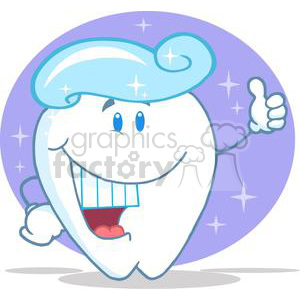   The image depicts a funny cartoon character of a smiling tooth. The tooth has a happy facial expression with blue eyes and a wide smile showing a neat row of smaller teeth, which is humorous as teeth typically don