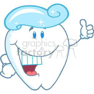   This is a clipart image of a stylized anthropomorphic tooth. The tooth is smiling broadly, showcasing a set of well-aligned white teeth, has a pair of blue eyes, and is giving a thumbs-up. It is wearing a blue dentist