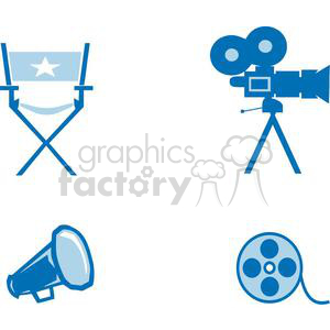 This clipart image features four key elements related to filmmaking and the movie industry. It includes a director's chair with a star, a vintage film camera on a tripod, a megaphone, and a film reel.