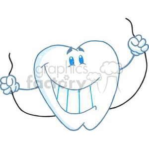   The image is a clipart illustration of a stylized, anthropomorphic tooth character. The tooth has a big, cheerful smile, showing clean, white teeth. It has a pair of cute, blue eyes with eyelashes, suggesting a happy or friendly personality. The tooth is holding dental floss in each of its little hands, making a gesture as if it is using the floss on itself, which emphasizes dental hygiene practices. The overall tone of the image is lighthearted and fun, likely aimed at promoting oral health in an appealing way to children and adults alike. 