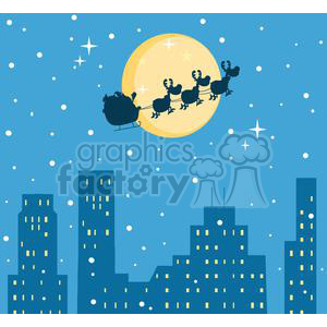 A humorous Christmas clipart illustration featuring Santa Claus in a sleigh pulled by reindeer, flying over a city skyline at night with a full moon and stars.