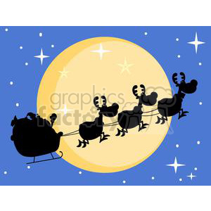 A humorous Christmas clipart depicting Santa Claus in a sleigh flying across the full moon, pulled by reindeer.