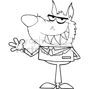  This clipart image depicts an anthropomorphic wolf character dressed in business attire, featuring a shirt, tie, and suit. The wolf has a sneaky expression, with one hand raised as if he