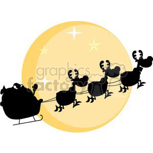 A humorous clipart image showing Santa Claus in a sleigh pulled by four reindeer silhouetted against a full moon.